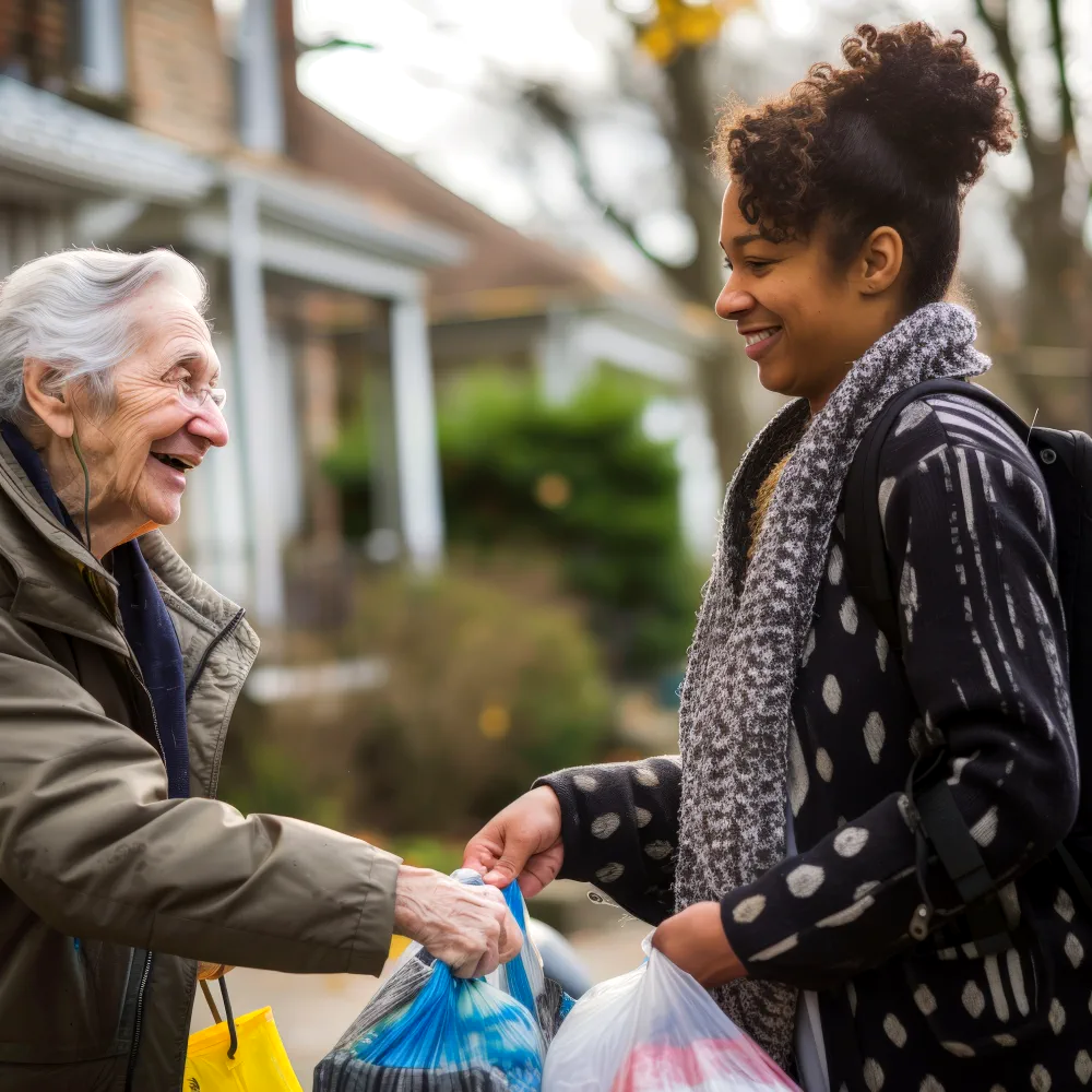 old and young woman smiling exchanging gifts