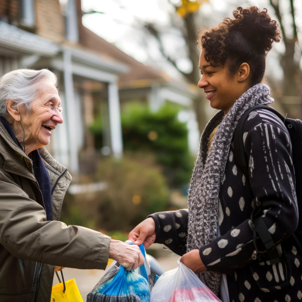 woman helping aged man carry groceries